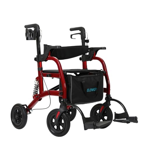 ELENKER Rollator Walker Transport Wheelchair Combo with Shock Absorber, 2 in 1 Rolling Walker with Seat, All Terrain Wheels for Seniors, Red