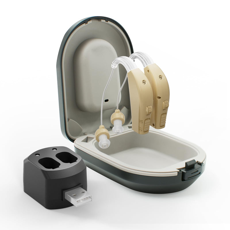 JUANGU Hearing Aids Rechargeable OTC BTE Hearing Amplifiers for Seniors with DSP Processing System Noise Reduction Volume Control Invisible Design (Beige)