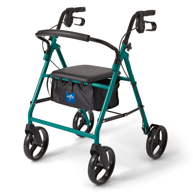 Medline Steel Rollator Walker for Adult Mobility Impairment, Green, 350 lb. Weight Capacity, 8” Wheels, Foldable, Adjustable Handles, Rolling Walker for Seniors