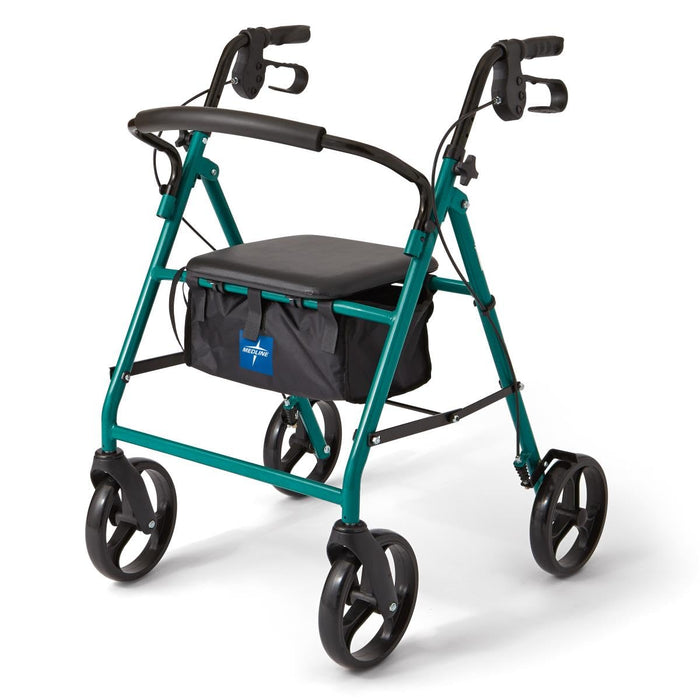 Medline Steel Rollator Walker for Adult Mobility Impairment, Green, 350 lb. Weight Capacity, 8” Wheels, Foldable, Adjustable Handles, Rolling Walker for Seniors
