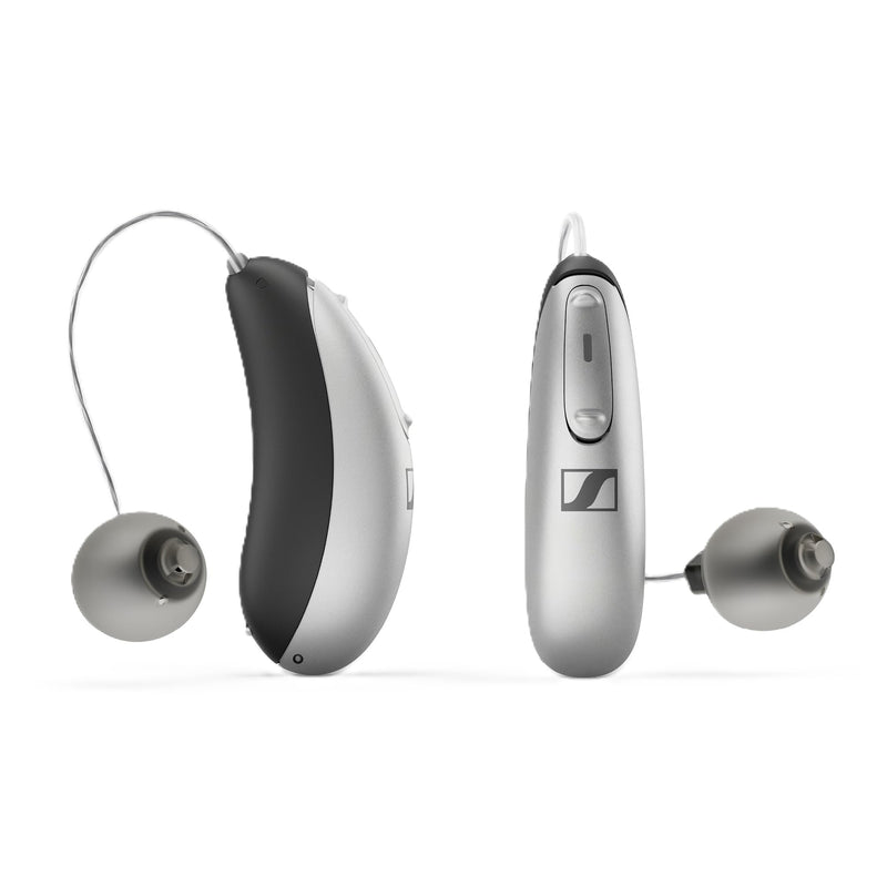 Sennheiser All-Day Clear Bluetooth Hearing Aids - OTC Hearing Aids with Bluetooth - Self-Fitting, Programmable Sound - FDA Cleared - Light Grey
