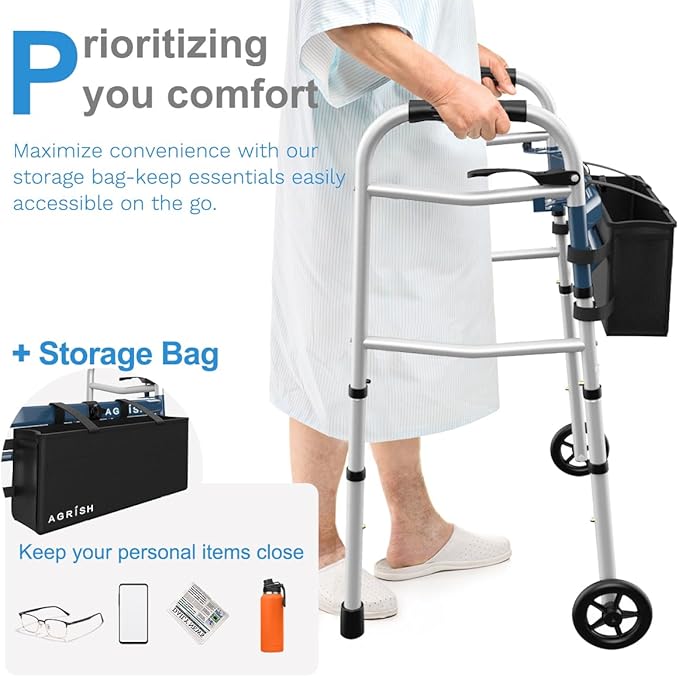 Agrish Narrow Walkers with Storage Bag - FSA/HSA Eligible Width Height Adjustable Walker, Lightweight Folding Walkers for Seniors Handicapped & Disabled, Up to 350 lbs