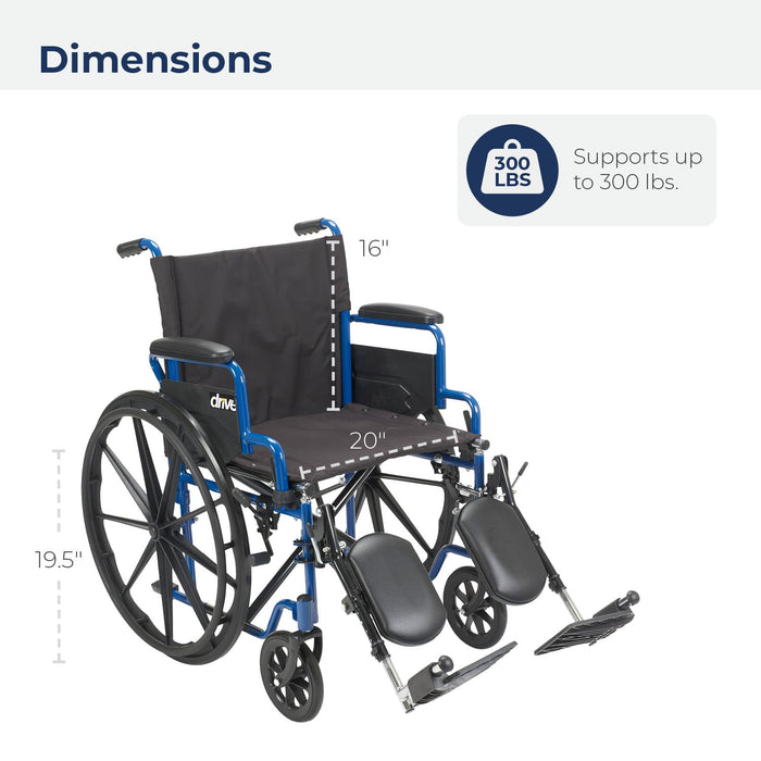 Drive Medical Blue Streak Wheelchair with Flip Back Desk Arms, Elevating Leg Rests Folding Outdoor Desk Length Arms,Alloy Steel 20 Inch Seat