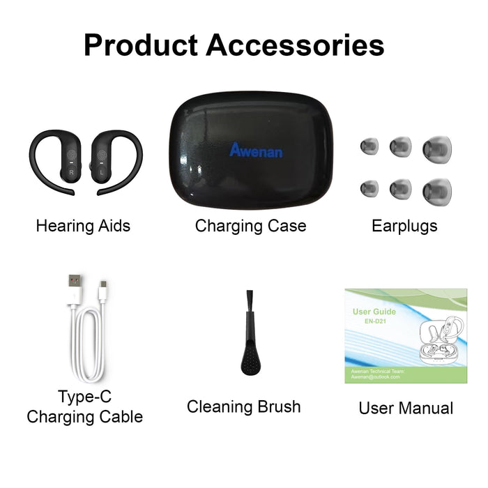 Awenan OTC Hearing Aids for Seniors with Touch Control, 16-Channel Hi-Fi Sound & Noise Cancelling for Crystal Clear, Comfort-Fit & Stable D-Shaped Open-Ear Hook Ideal for Sports and Long-Time Wear