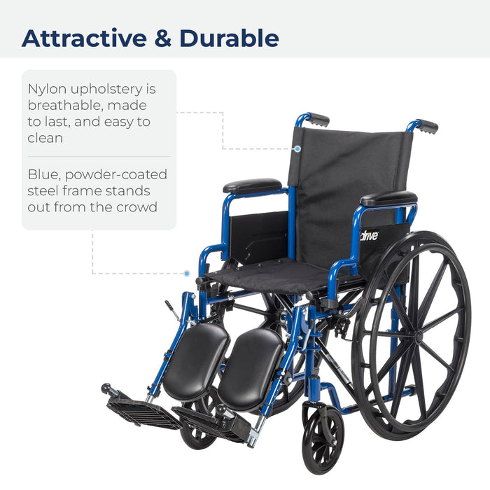 Drive Medical Blue Streak Wheelchair with Flip Back Desk Arms, Elevating Leg Rests Folding Outdoor Desk Length Arms,Alloy Steel 20 Inch Seat