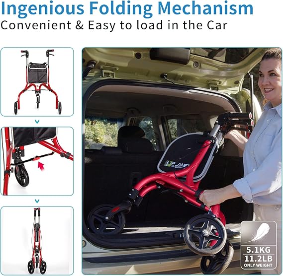 Planetwalk Premium 3 Wheel Rollator Walker for Seniors - Ultra Lightweight Foldable Walker for Elderly, Aluminum Three Wheel Mobility Aid, Brilliant Red