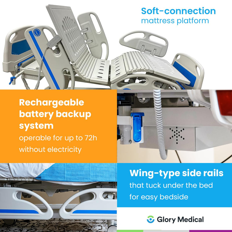 Point A (PAM-5) Premium 5-Function Full Electric Hospital Bed for Home Use, 5.9" Memory Mattress Made in USA, LINAK Motor, Central Locking, 6" Casters, Includes (2X) Bed Sheet and Battery Back-up