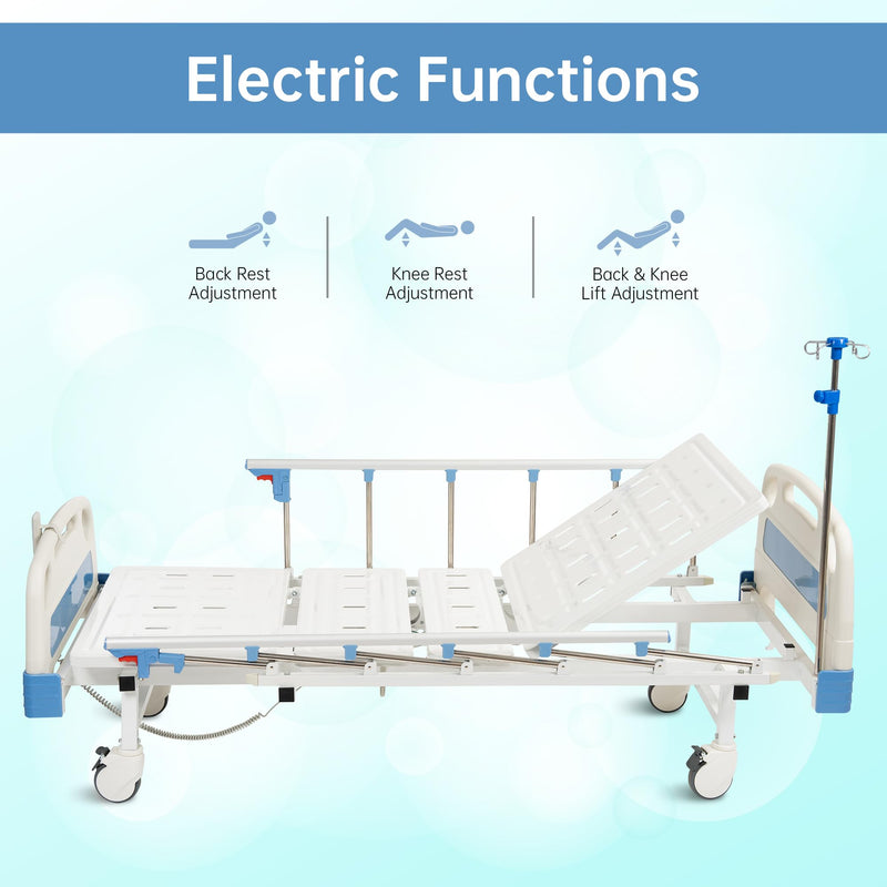 Real Relax Premium 3 Function Full Electric Hospital Bed (with Mattress & IV Pole), Premium Medical Hospital Beds, with Locking Casters, Motor.