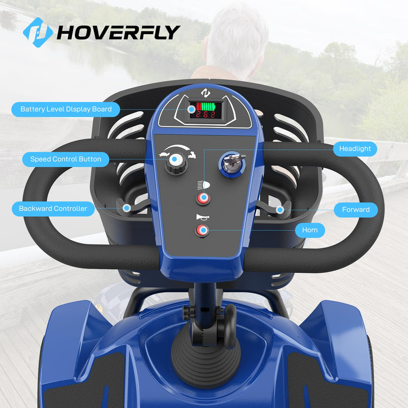 Hoverfly T4 Mobility Scooter, 4-Wheel Mobility Scooter for Adults - 12.4 Miles Range, 3.7 mph, Smart Safety Features, Removed Battery, Rotating Swivel Seat, Headlight, Basket, Charger Included Blue