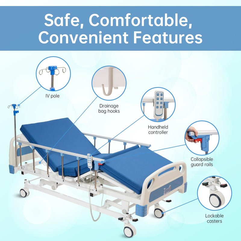 Real Relax Premium 3 Function Full Electric Hospital Bed (with Mattress & IV Pole), Premium Medical Hospital Beds, with Locking Casters, Motor.
