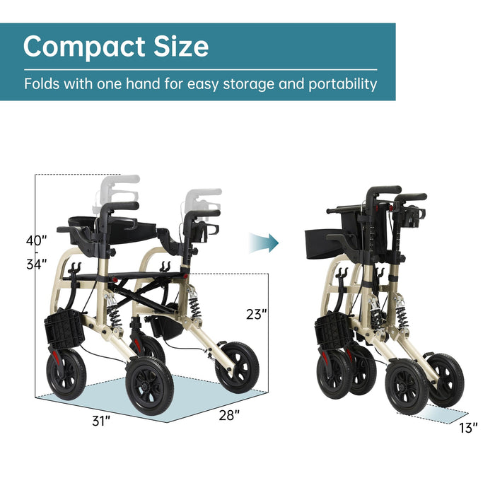 ELENKER Rollator Walker Transport Wheelchair Combo with Shock Absorber, 2 in 1 Rolling Walker with Seat, All Terrain Wheels for Seniors, Red
