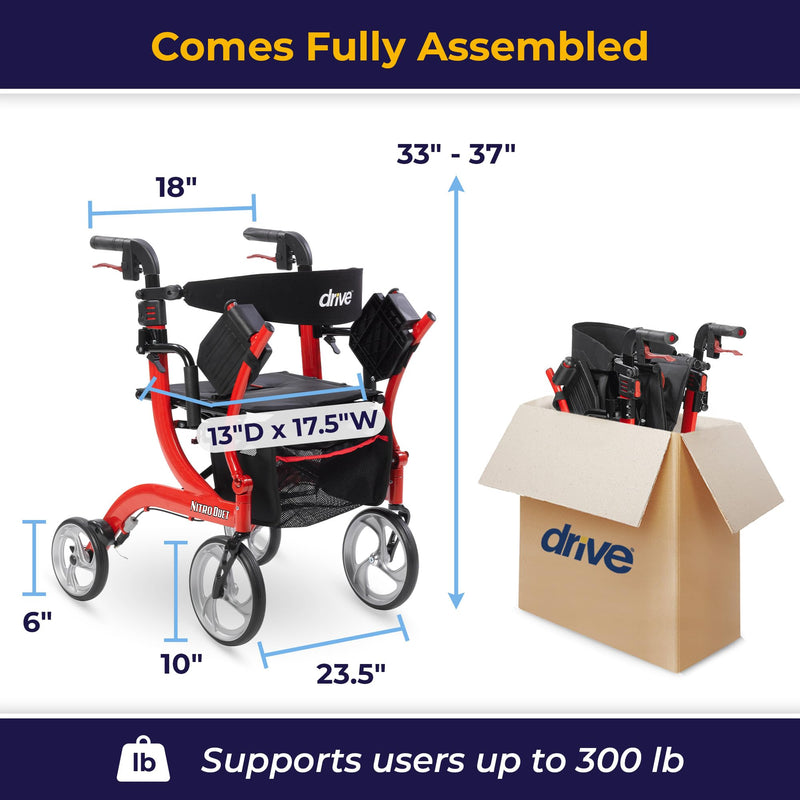 Drive Medical Nitro Dual Function Transport Wheelchair and Rollator Rolling Walker Combo with Hand Activated Brakes and Back Support, Red