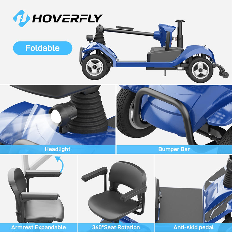 Hoverfly T4 Mobility Scooter, 4-Wheel Mobility Scooter for Adults - 12.4 Miles Range, 3.7 mph, Smart Safety Features, Removed Battery, Rotating Swivel Seat, Headlight, Basket, Charger Included Blue
