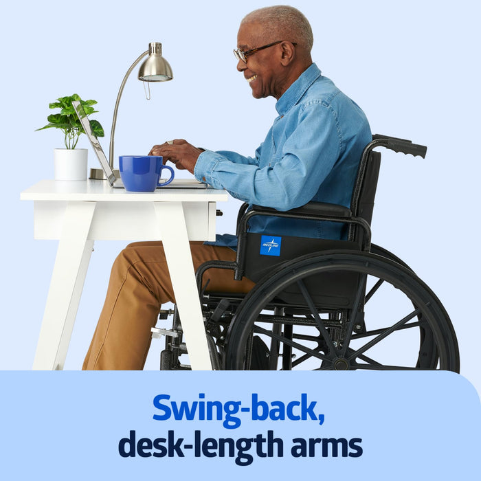 Medline Comfortable Folding Wheelchair with Swing-Back Desk-Length Arms and Swing-Away Footrests, 20”W x 16”D Seat
