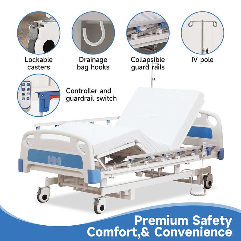 Real Relax Premium 3 Function Full Electric Hospital Bed (with Mattress & IV Pole), Premium Medical Hospital Beds, with Locking Casters, Motor.