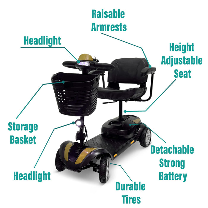 MALISA Mobility Scooters for Adults, Powered Mobility Scooter for Seniors with Seat, Long Range Mobility Scooter, 330 lbs Weight Capacity, 4 Wheel Power Motorized Scooter (Gold, 30 Miles)