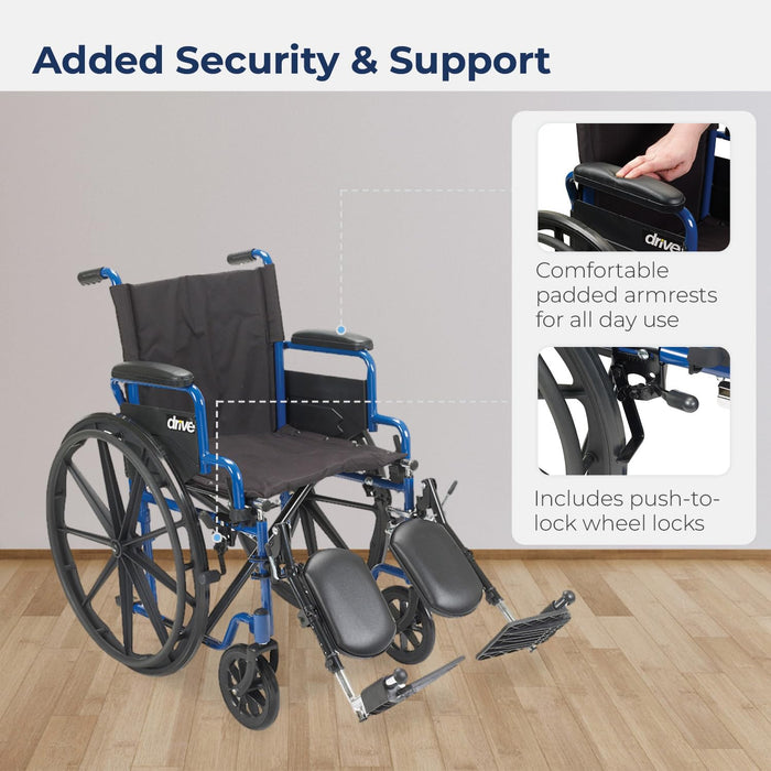 Drive Medical Blue Streak Wheelchair with Flip Back Desk Arms, Elevating Leg Rests Folding Outdoor Desk Length Arms,Alloy Steel 20 Inch Seat