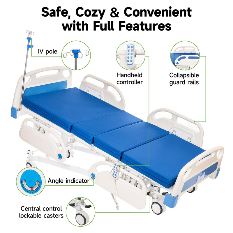 Real Relax Premium 3 Function Full Electric Hospital Bed (with Mattress & IV Pole), Premium Medical Hospital Beds, with Locking Casters, Motor.