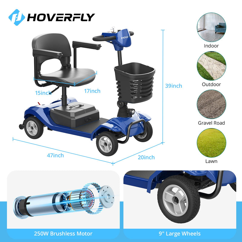 Hoverfly T4 Mobility Scooter, 4-Wheel Mobility Scooter for Adults - 12.4 Miles Range, 3.7 mph, Smart Safety Features, Removed Battery, Rotating Swivel Seat, Headlight, Basket, Charger Included Blue