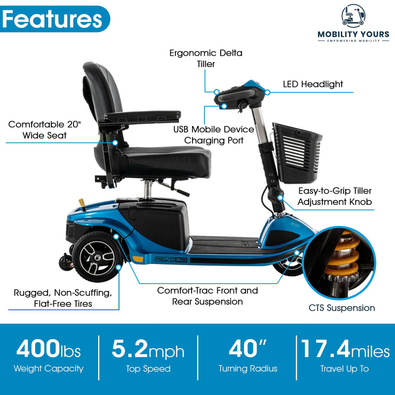 Pride Mobility Revo 3 Wheel Heavy Duty Mobility Scooter + Rear Storage Pod, Cell Phone Holder, Rear Basket, 400 Lbs Weight Capacity, CTS Suspension, 20" Wide Seat, LED Lights, Warranty (Blue)