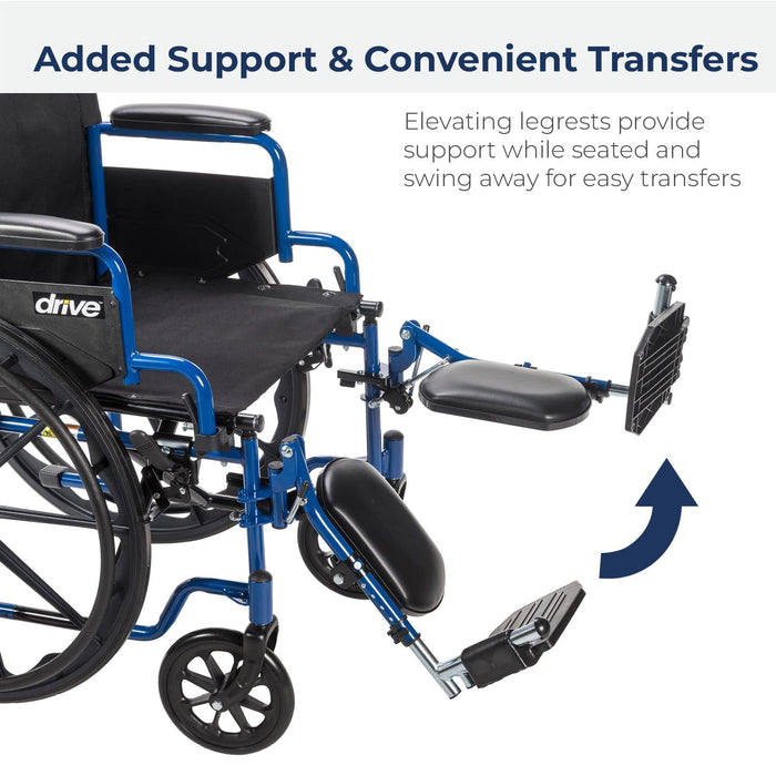 Drive Medical Blue Streak Wheelchair with Flip Back Desk Arms, Elevating Leg Rests Folding Outdoor Desk Length Arms,Alloy Steel 20 Inch Seat