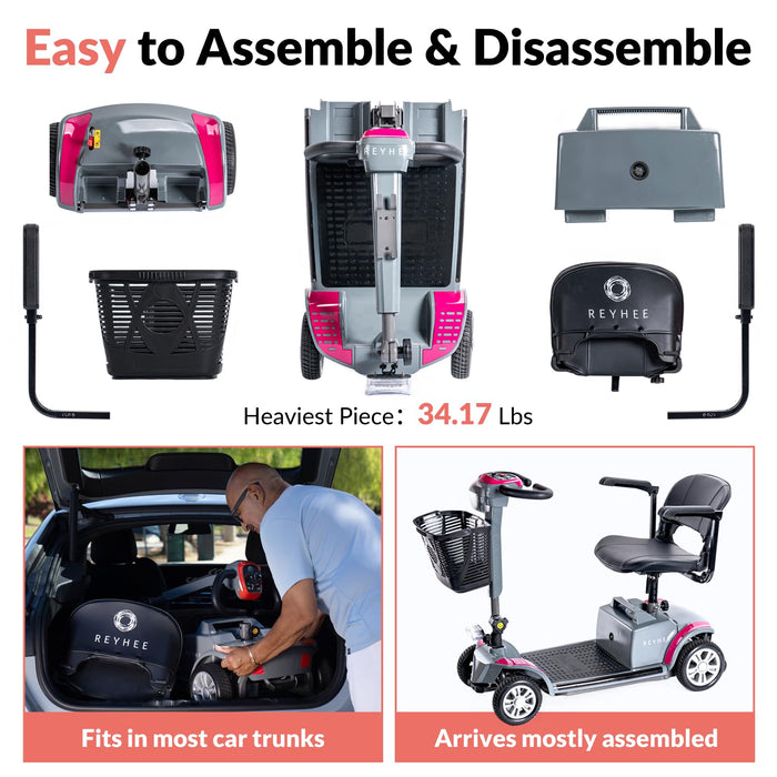 Reyhee Cruiser Powered Folding Mobility Scooters with Lengthened Legroom, 3.75MPH Max Speed & 15 Miles Range, 180W Electric Scooter for Adults Seniors with Height-Adjustable Seat (Black)