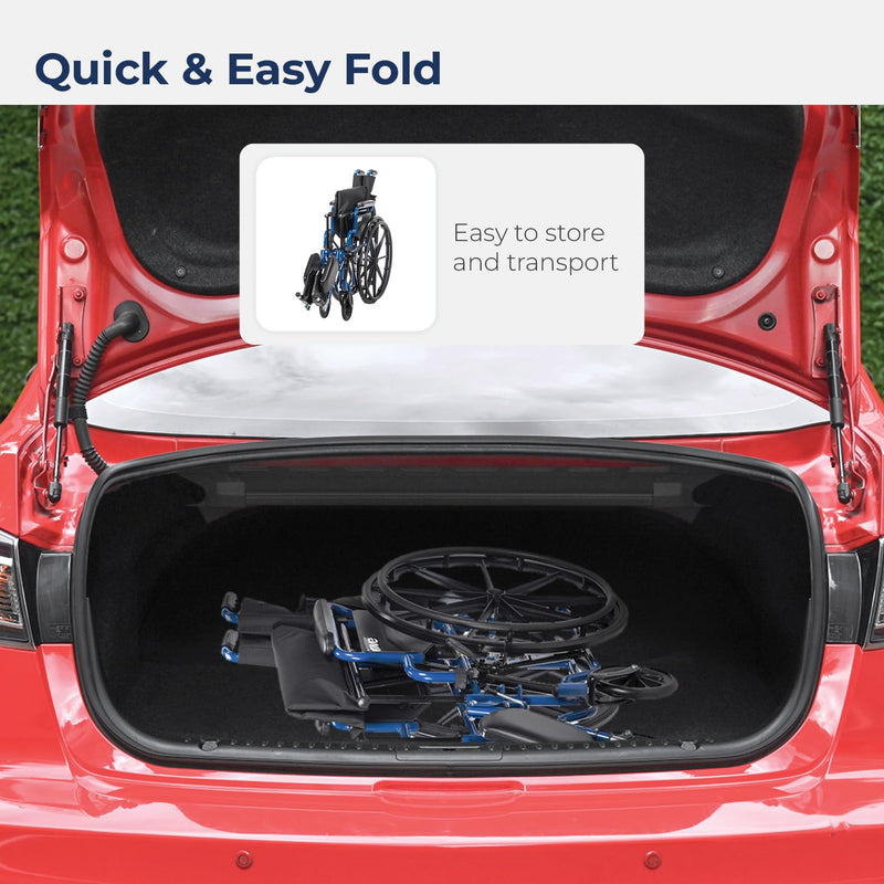 Drive Medical Blue Streak Wheelchair with Flip Back Desk Arms, Elevating Leg Rests Folding Outdoor Desk Length Arms,Alloy Steel 20 Inch Seat