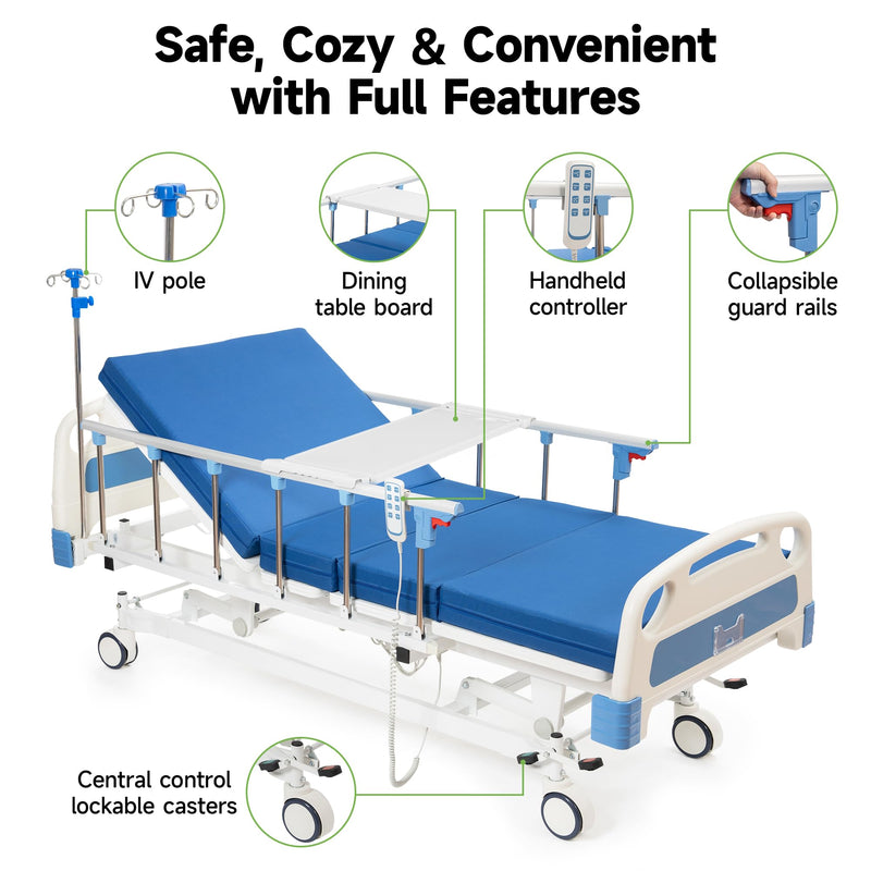Real Relax Premium 3 Function Full Electric Hospital Bed (with Mattress & IV Pole), Premium Medical Hospital Beds, with Locking Casters, Motor.