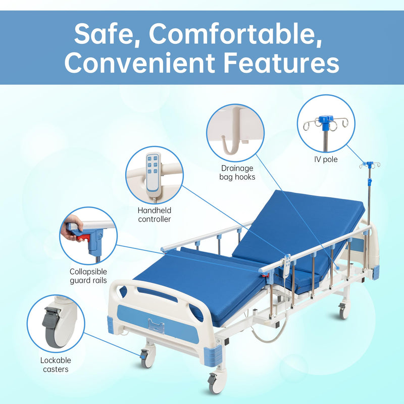 Real Relax Premium 3 Function Full Electric Hospital Bed (with Mattress & IV Pole), Premium Medical Hospital Beds, with Locking Casters, Motor.