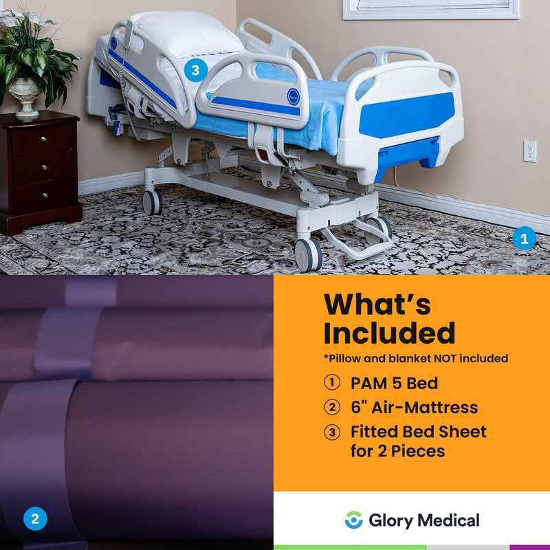 Point A (PAM-5) Premium 5-Function Full Electric Hospital Bed for Home Use, 5.9" Memory Mattress Made in USA, LINAK Motor, Central Locking, 6" Casters, Includes (2X) Bed Sheet and Battery Back-up