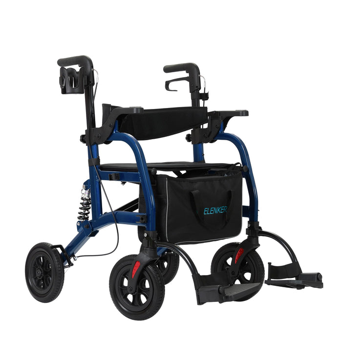 ELENKER Rollator Walker Transport Wheelchair Combo with Shock Absorber, 2 in 1 Rolling Walker with Seat, All Terrain Wheels for Seniors, Red