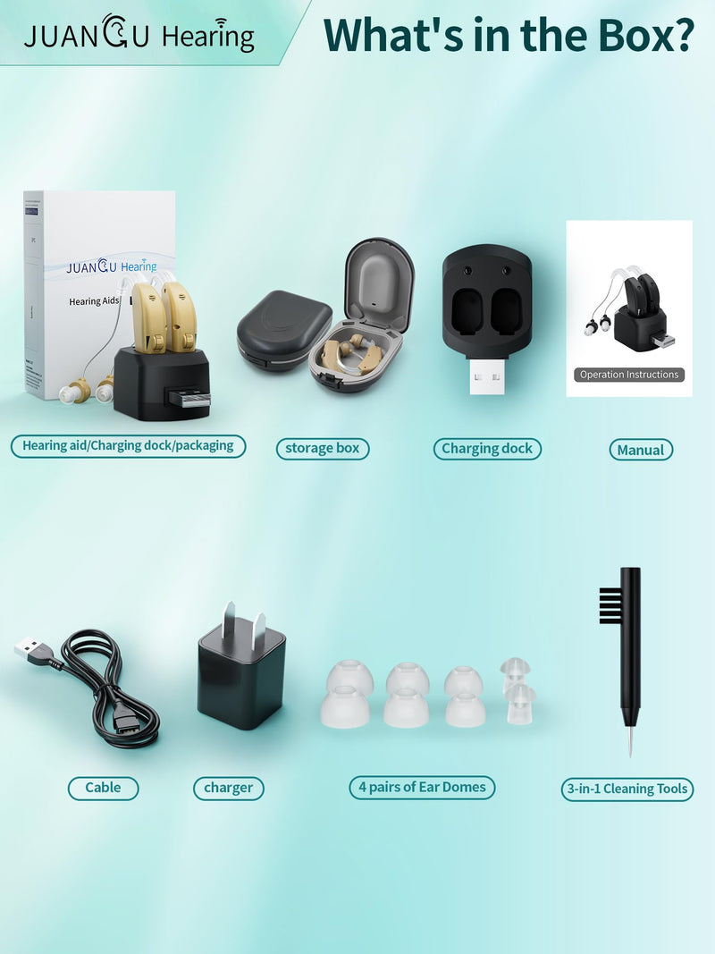 JUANGU Hearing Aids Rechargeable OTC BTE Hearing Amplifiers for Seniors with DSP Processing System Noise Reduction Volume Control Invisible Design (Beige)