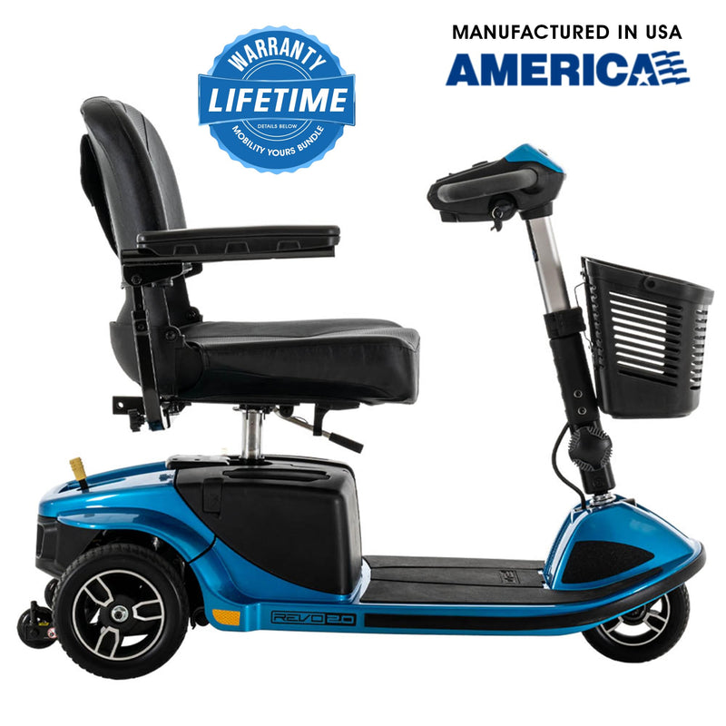 Pride Mobility Revo 3 Wheel Heavy Duty Mobility Scooter + Rear Storage Pod, Cell Phone Holder, Rear Basket, 400 Lbs Weight Capacity, CTS Suspension, 20" Wide Seat, LED Lights, Warranty (Blue)