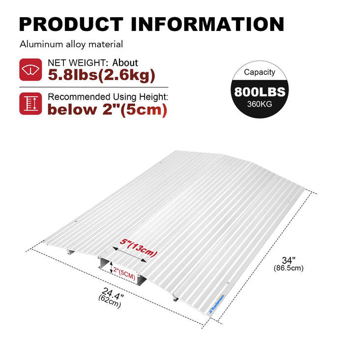 Ruedamann 2" Rise Bridge Threshold Ramp, 34" Wide Modular Aluminum Entry Ramp, Adjustable Wheelchair Ramp, 800Lbs Capacity, Transition Door Ramps for Sliding Door, Patio Door, Scooters, Power Chairs