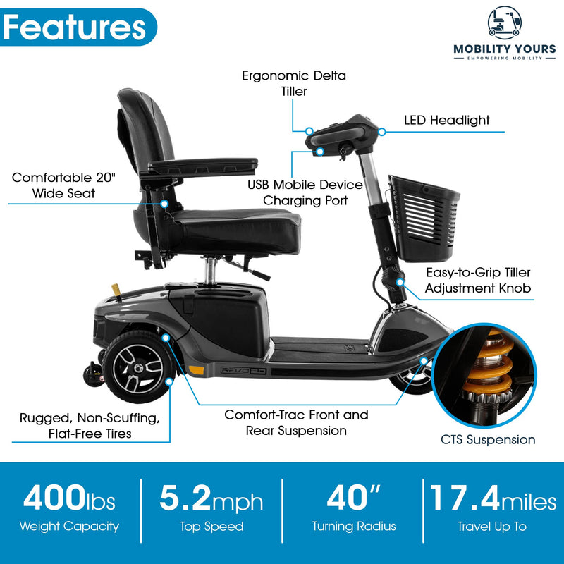 Pride Mobility Revo 3 Wheel Heavy Duty Mobility Scooter + Rear Storage Pod, Cell Phone Holder, Rear Basket, 400 Lbs Weight Capacity, CTS Suspension, 20" Wide Seat, LED Lights, Warranty (Blue)