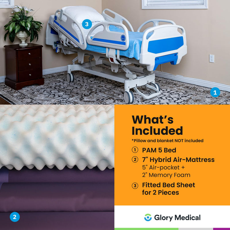 Point A (PAM-5) Premium 5-Function Full Electric Hospital Bed for Home Use, 5.9" Memory Mattress Made in USA, LINAK Motor, Central Locking, 6" Casters, Includes (2X) Bed Sheet and Battery Back-up