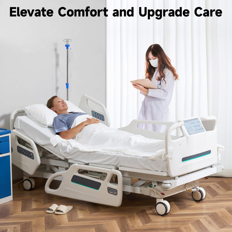 Real Relax Premium 3 Function Full Electric Hospital Bed (with Mattress & IV Pole), Premium Medical Hospital Beds, with Locking Casters, Motor.