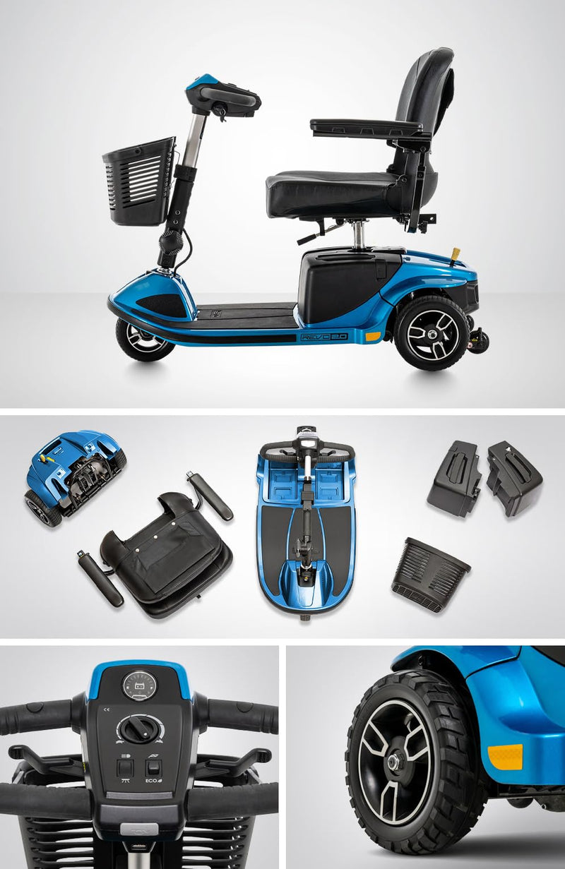 Pride Mobility Revo 3 Wheel Heavy Duty Mobility Scooter + Rear Storage Pod, Cell Phone Holder, Rear Basket, 400 Lbs Weight Capacity, CTS Suspension, 20" Wide Seat, LED Lights, Warranty (Blue)