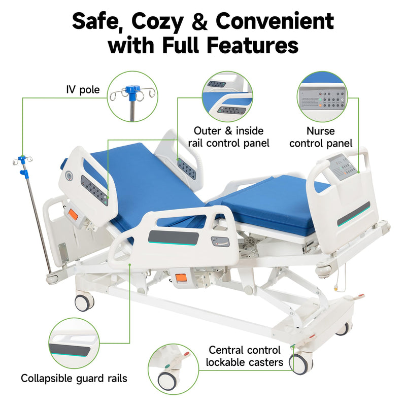 Real Relax Premium 3 Function Full Electric Hospital Bed (with Mattress & IV Pole), Premium Medical Hospital Beds, with Locking Casters, Motor.