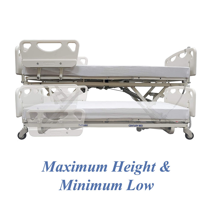 Tuffcare Century Hospital Bed, 5 Function Full Electric Long Term Care Low Bed with High Density Foam Mattress & Half Rail Package (36" W x 80" L) 600lbs Weight Limit