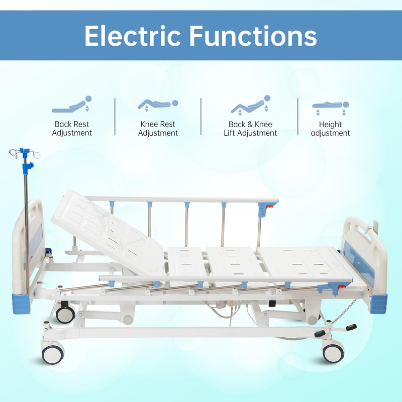 Real Relax Premium 3 Function Full Electric Hospital Bed (with Mattress & IV Pole), Premium Medical Hospital Beds, with Locking Casters, Motor.