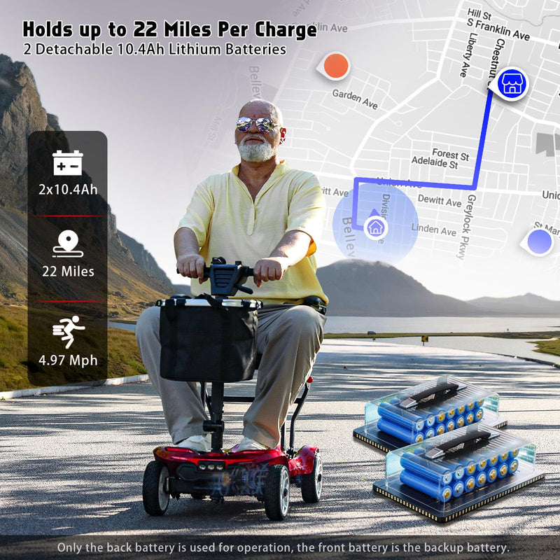 Hassky 4-Wheel Lightweight Folding Mobility Scooters for Seniors, 22-Mile Range Powered Mobility Scooter for Adults All Terrain Motorized Scooter for Travel with 2 Detachable Batteries & Charger