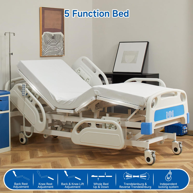 Real Relax Premium 3 Function Full Electric Hospital Bed (with Mattress & IV Pole), Premium Medical Hospital Beds, with Locking Casters, Motor.