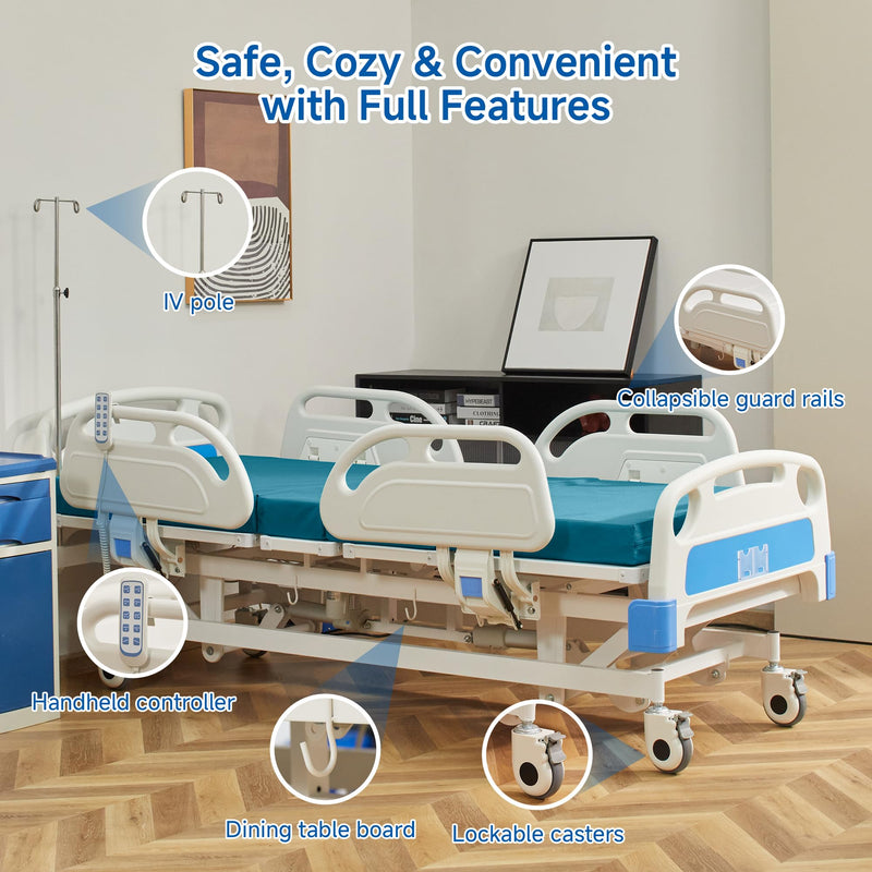 Real Relax Premium 3 Function Full Electric Hospital Bed (with Mattress & IV Pole), Premium Medical Hospital Beds, with Locking Casters, Motor.