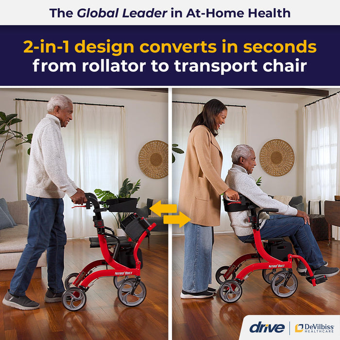 Drive Medical Nitro Dual Function Transport Wheelchair and Rollator Rolling Walker Combo with Hand Activated Brakes and Back Support, Red