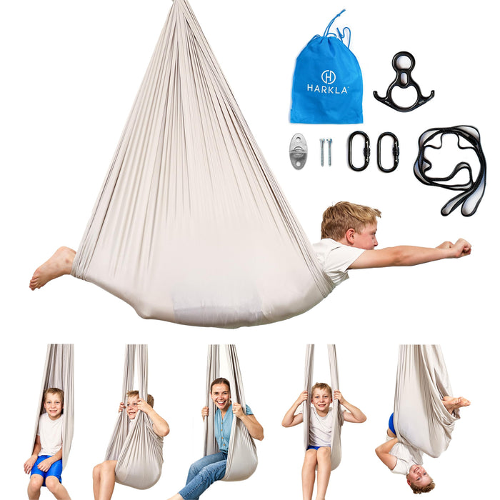 Harkla Sensory Swing for Kids & Adults - Holds 300lbs, Indoor Outdoor Sensory Swing for Hug Like Calming Effect - Double Layered Soft Fabric and Heavy Duty Hardware (Blue, 110" Swing)