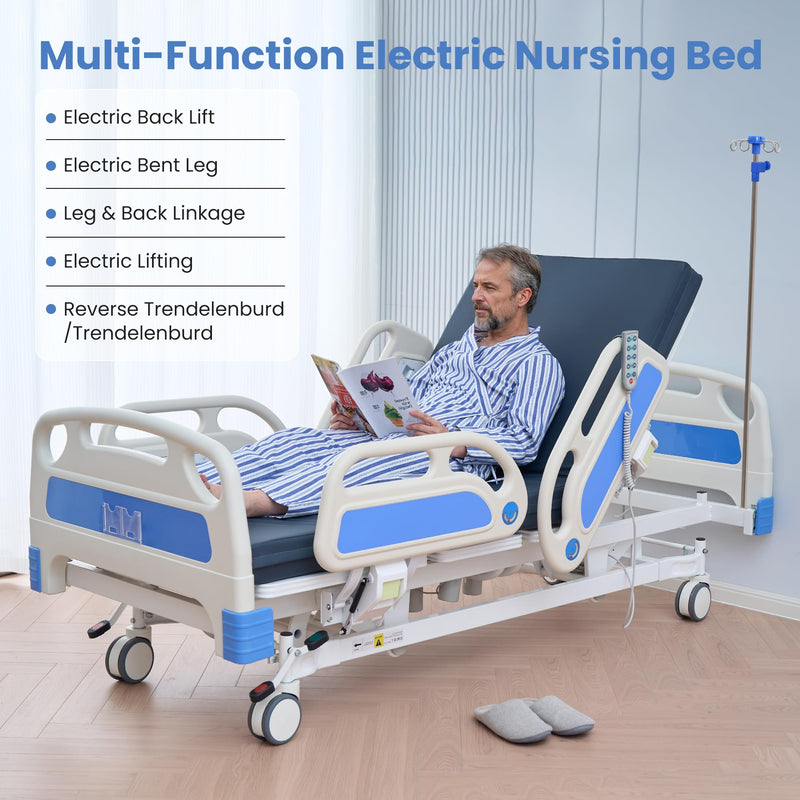 Careboda Premium 5 Function Full Electric Hospital Bed, Hospital Bed with PU Advanced Mattress, Quiet Wheels & IV Pole, ICU Electric Medical Bed with Core Motor, 85" x 44", 530lbs, Hospital & Home Use