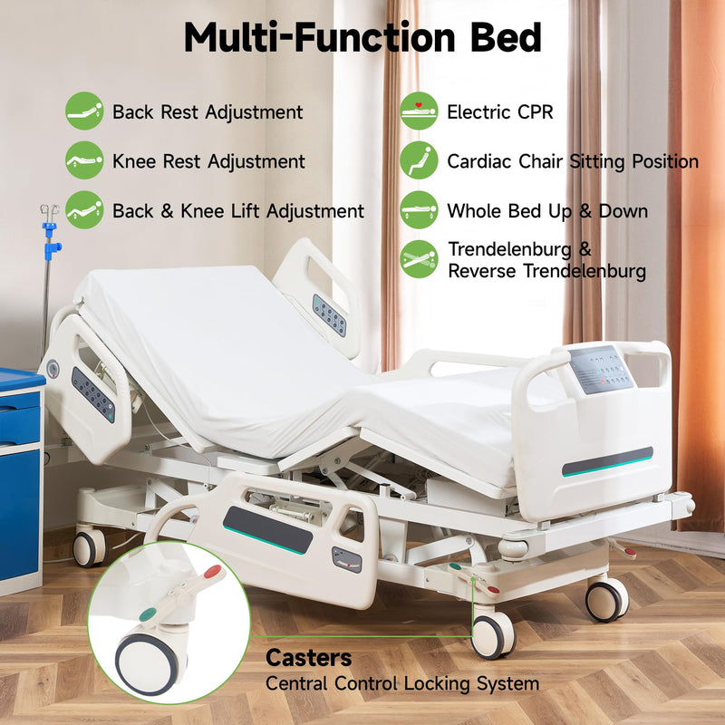 Real Relax Premium 3 Function Full Electric Hospital Bed (with Mattress & IV Pole), Premium Medical Hospital Beds, with Locking Casters, Motor.