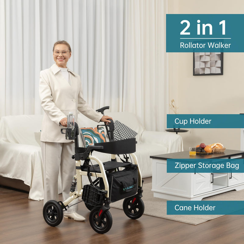 ELENKER Rollator Walker Transport Wheelchair Combo with Shock Absorber, 2 in 1 Rolling Walker with Seat, All Terrain Wheels for Seniors, Red