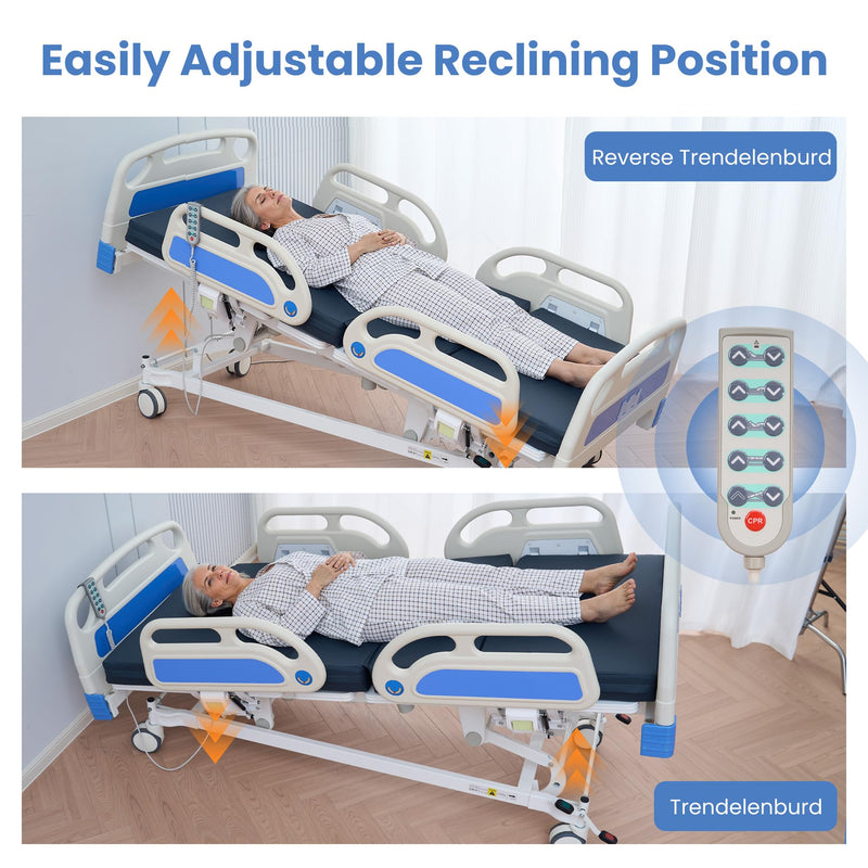 Careboda Premium 5 Function Full Electric Hospital Bed, Hospital Bed with PU Advanced Mattress, Quiet Wheels & IV Pole, ICU Electric Medical Bed with Core Motor, 85" x 44", 530lbs, Hospital & Home Use